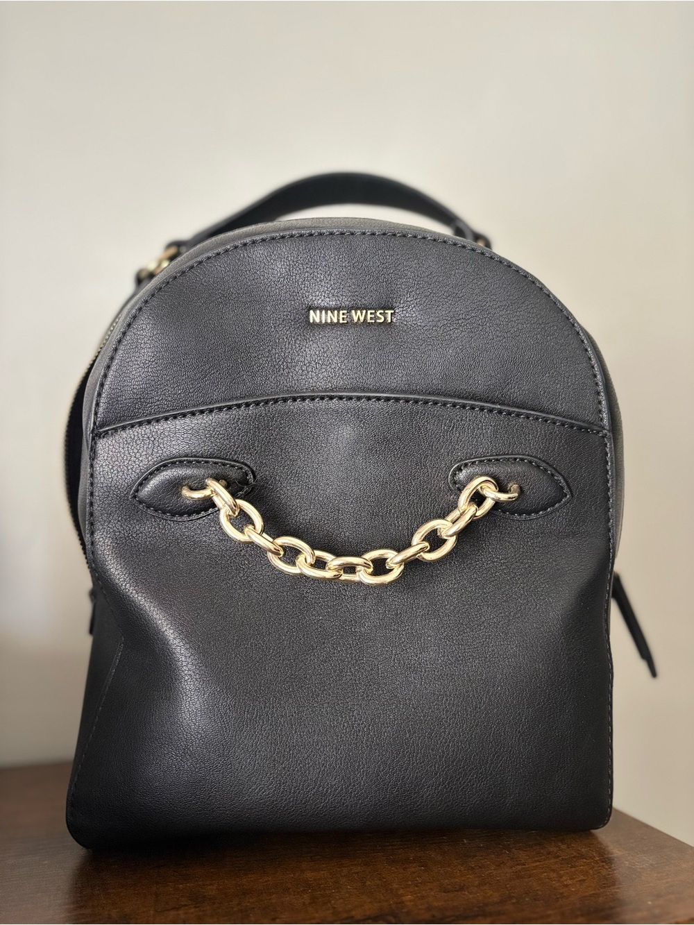 Nine West Black Mini Backpack with Gold Chain Accent
